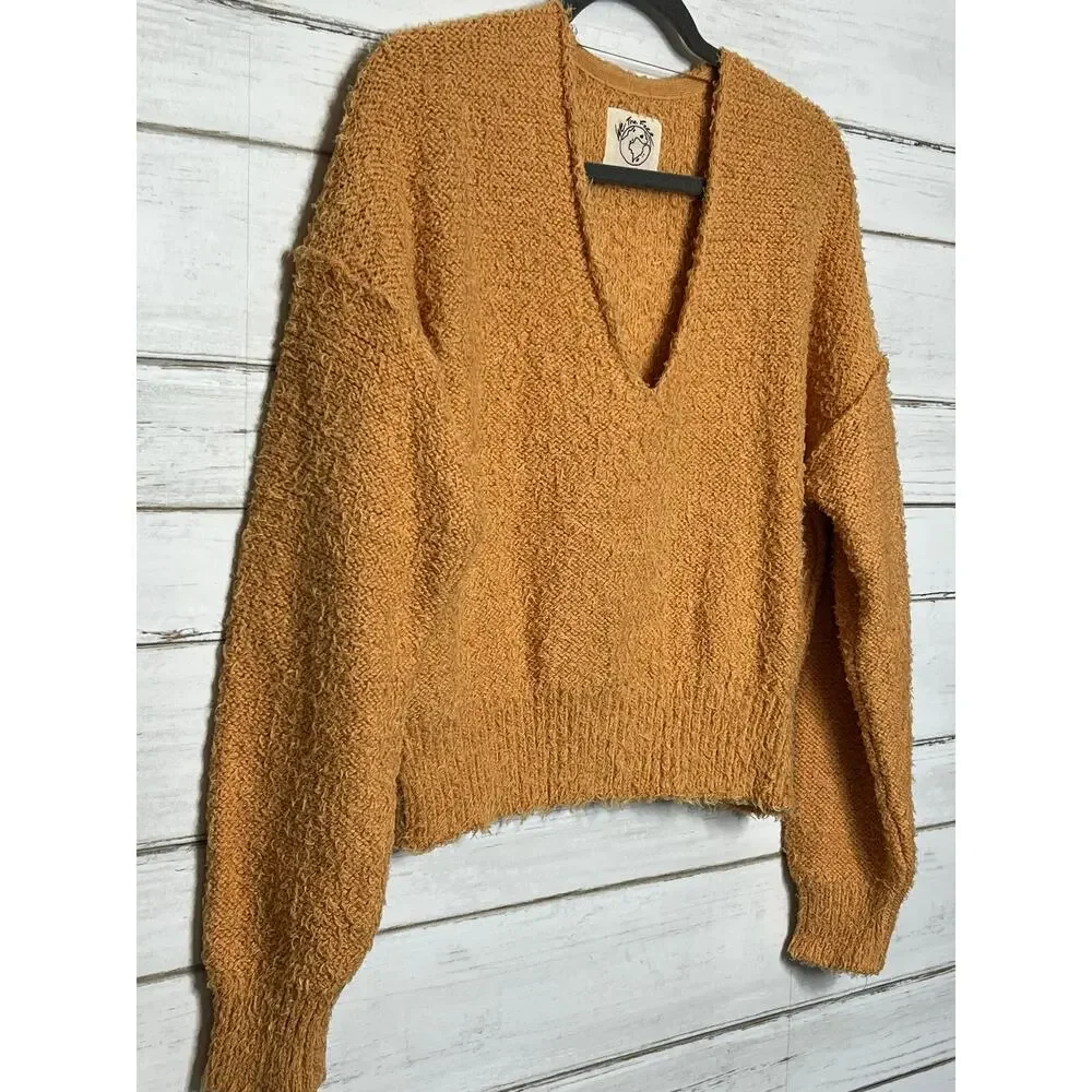 Free People V Neck Sweater Orange Textured Knit Small Boho Cozy